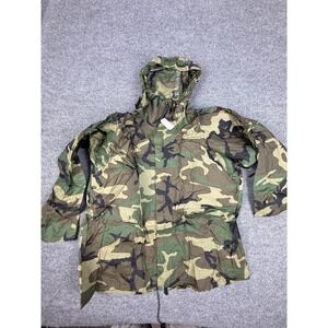 Vintage ORC Industries Coat Mens Large Woodland Camo Hooded Rain Parka USGI